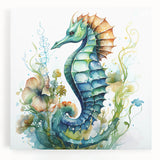 Vibrant stretched canvas wall art featuring a detailed seahorse design against a soft blue background, perfect for marine-themed decor in homes or offices.