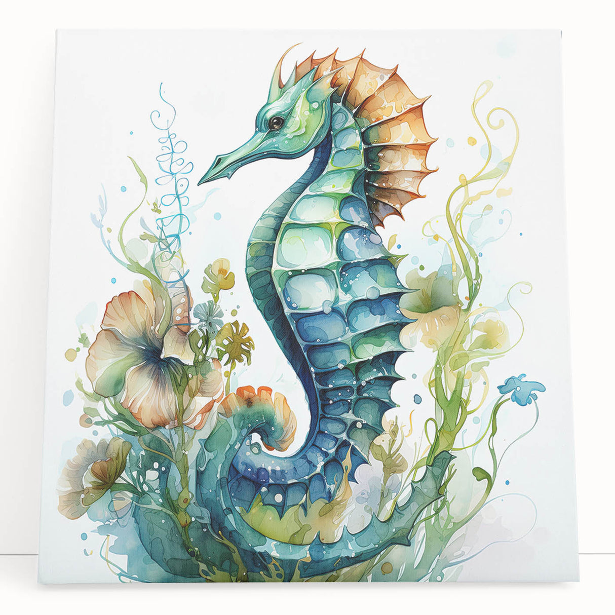 Stretched canvas wall art featuring a vibrant seahorse design in marine colors, ideal for ocean-themed decor. Perfect for enhancing coastal living spaces.