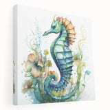 Vibrant marine life wall art featuring a detailed seahorse design on stretched canvas, showcasing rich colors and textures, perfect for ocean-themed decor.