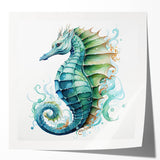 Seahorse wall art design showcasing vibrant marine life colors in a glossy finish, perfect for ocean-themed decor in homes or offices. Ideal for nature lovers.