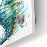Close-up view of a vibrant acrylic glass wall art piece showcasing a beautifully detailed seahorse design, perfect for marine life enthusiasts and home decor lovers.