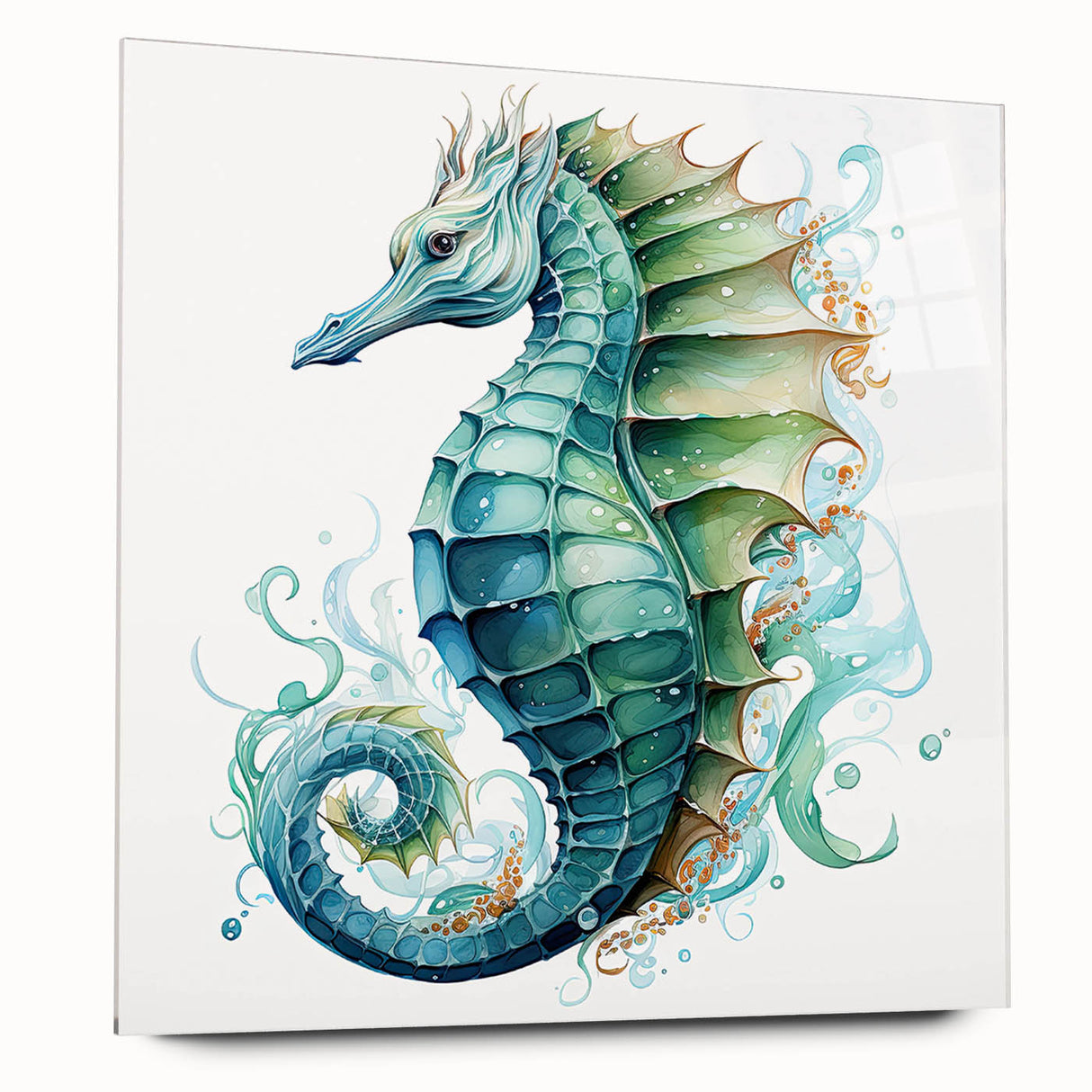 Vibrant wall art featuring a detailed seahorse design in acrylic glass, showcasing marine life in vivid colors, perfect for ocean-themed decor and coastal aesthetics.
