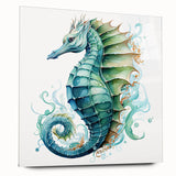Vibrant wall art featuring a detailed seahorse design in acrylic glass, showcasing marine life in vivid colors, perfect for ocean-themed decor and coastal aesthetics.