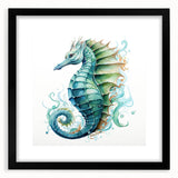 Framed wall art featuring a detailed seahorse design, showcasing vibrant colors and intricate patterns, set against a black background for a modern decor touch.
