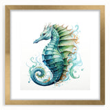 Elegant wall art featuring a seahorse design in a gold frame with a white mat, perfect for marine life enthusiasts. Ideal for coastal decor or ocean-themed interiors, adding a touch of sophistication and nature-inspired beauty to any space.