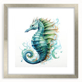 Framed wall art featuring a detailed silver seahorse design with a mat, showcasing marine life aesthetics ideal for coastal decor and ocean-themed interiors.