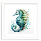 Seahorse-themed wall art framed in white, showcasing intricate marine life design with vibrant colors, perfect for ocean-inspired home decor.