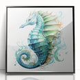 Framed wall art featuring a detailed seahorse design in vibrant colors, set against a black background, perfect for marine life enthusiasts and home decor.
