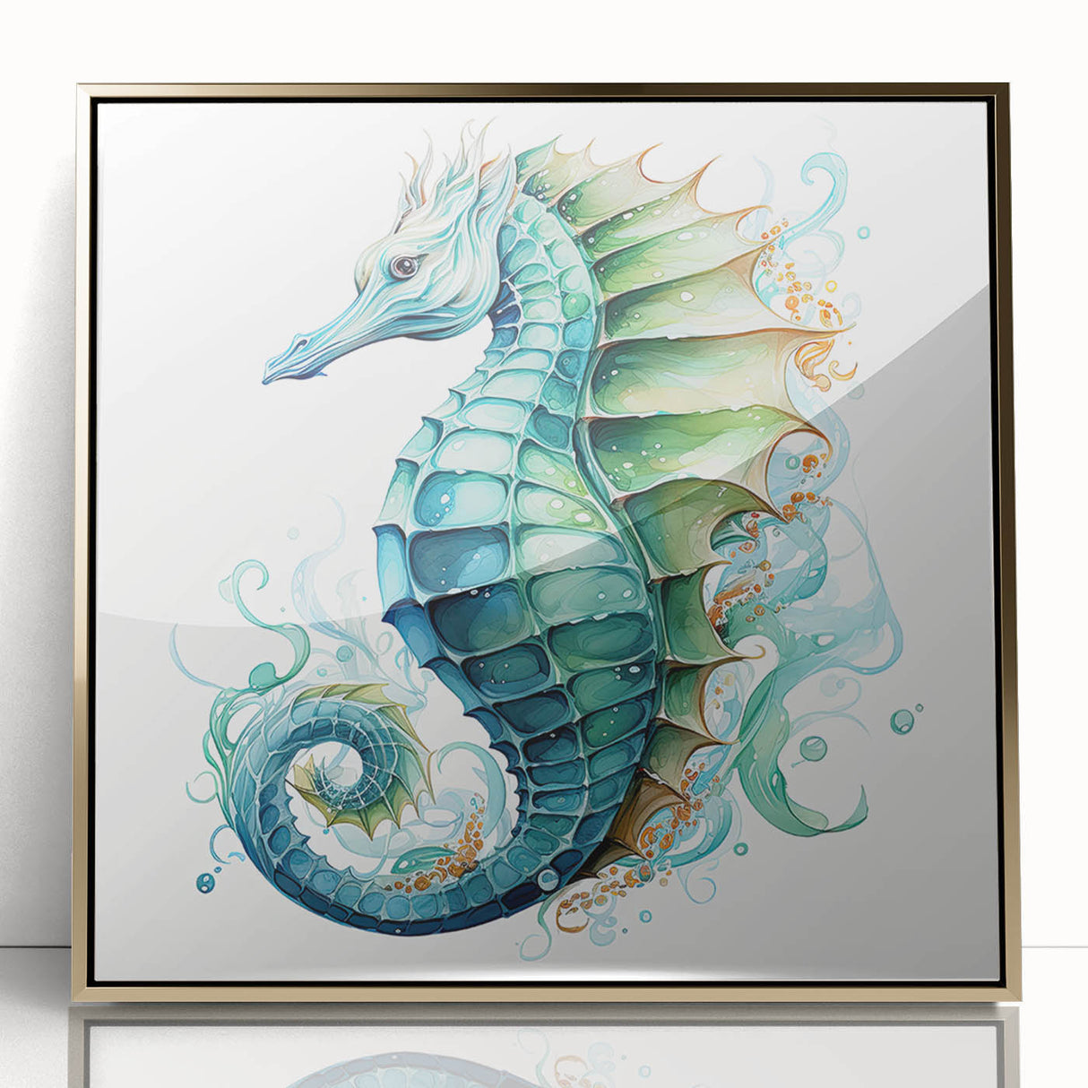 Framed acrylic wall art featuring a vibrant seahorse design in gold, set against a textured background, perfect for marine-themed home decor. Ideal for ocean lovers.
