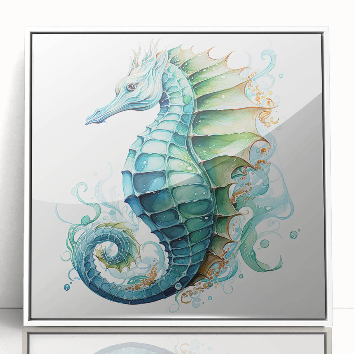 Framed wall art featuring a vibrant marine life design of a seahorse, showcased in a sleek white frame with acrylic glass, ideal for ocean-themed decor. Perfect for enhancing coastal home aesthetics.