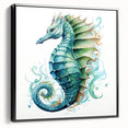 Framed canvas wall art featuring a detailed marine life seahorse design with vibrant colors, positioned against a sleek black frame, perfect for ocean-themed decor.
