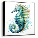 Framed canvas wall art featuring a detailed marine life seahorse design with vibrant colors, positioned against a sleek black frame, perfect for ocean-themed decor.
