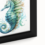 Close-up of a framed canvas wall art featuring a vibrant marine life design showcasing a colorful seahorse, ideal for ocean-themed decor.