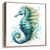 Framed wall art featuring a beautifully detailed gold seahorse design on a vibrant blue background, perfect for marine life enthusiasts and home decor.
