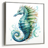 Framed canvas wall art featuring a detailed seahorse design in vibrant colors, set against a silver frame, perfect for marine-themed decor in homes or offices.