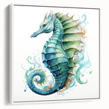 Framed wall art featuring a vibrant seahorse design in marine life colors, displayed against a white background, ideal for coastal-themed decor. This piece adds a touch of ocean-inspired elegance to any room.