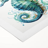 Vibrant rolled canvas featuring a detailed seahorse design, showcasing marine life art with intricate colors and textures, perfect for ocean-themed decor.