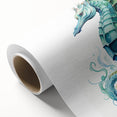 Colorful wall art design showcasing a vibrant seahorse illustration on rolled canvas, perfect for marine life enthusiasts. Ideal for home decor or art collections.