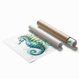 Vibrant marine life wall art featuring a beautifully detailed seahorse design, printed on high-quality paper. Ideal for ocean-themed decor, enhancing any space with its colorful aquatic imagery.