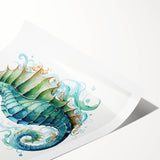 Seahorse-themed wall art print showcasing vibrant marine life colors, rolled for easy display, perfect for ocean-inspired decor. Ideal for nature lovers.