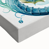 Close-up of a vibrant, stretched canvas wall art piece depicting a colorful seahorse design, showcasing intricate details and marine life elements, perfect for ocean-themed decor.