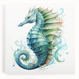 Stretched canvas wall art showcasing a vibrant seahorse design, featuring rich colors and intricate details, perfect for marine life enthusiasts and coastal decor.