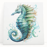 Stretched canvas wall art featuring a vibrant seahorse design in shades of blue and orange, ideal for marine-themed decor. Perfect for adding a coastal touch to any room.