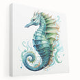 Stretched canvas wall art featuring a vibrant marine life design, showcasing a detailed seahorse in shades of blue and green, perfect for ocean-themed decor.