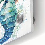Close-up of a vibrant marine life wall art piece featuring a detailed seahorse design on acrylic glass, showcasing rich colors and fine textures, perfect for ocean-themed decor.
