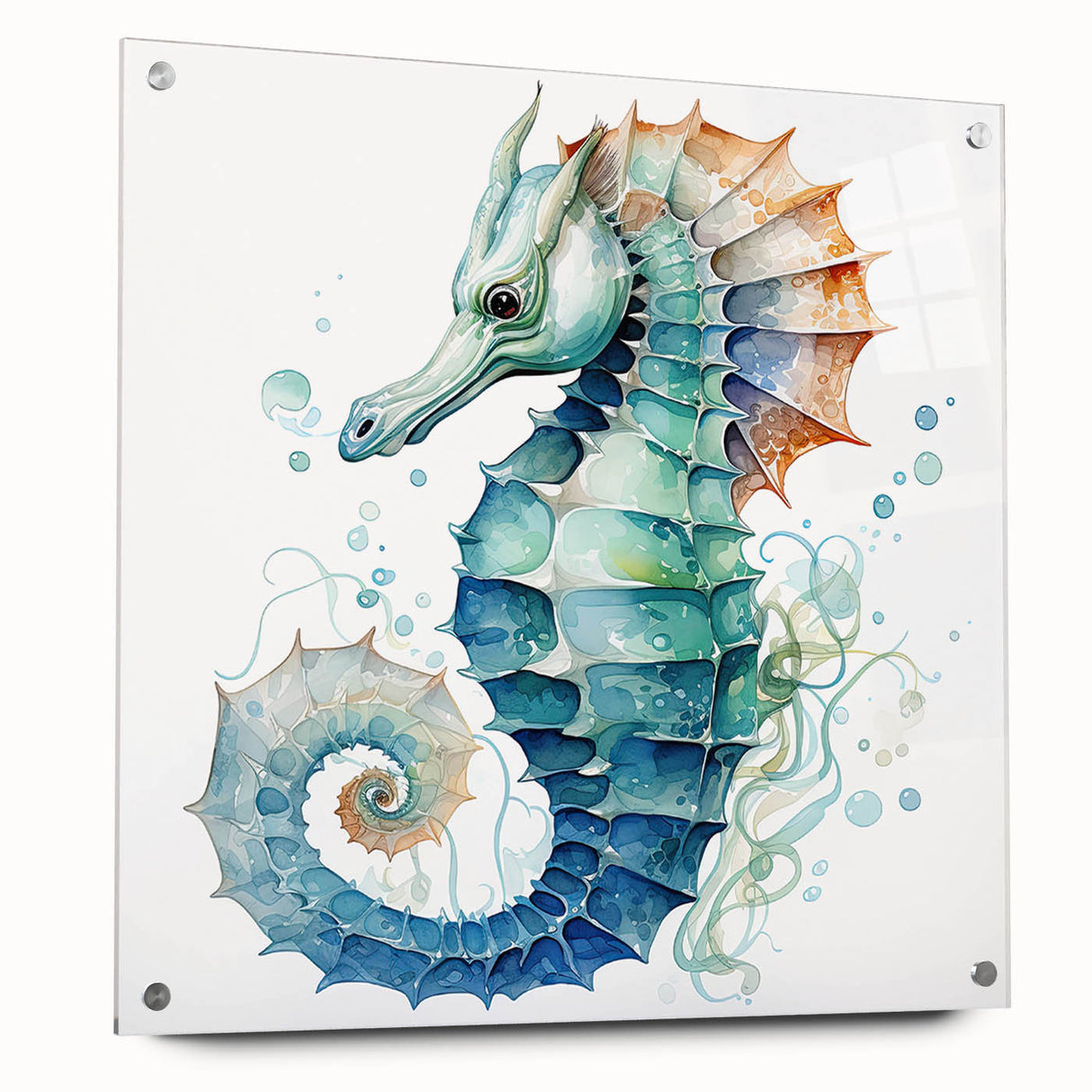 Vibrant wall art showcasing a marine life design featuring a detailed seahorse, crafted from acrylic glass, with a side view displaying decorative pins for hanging.