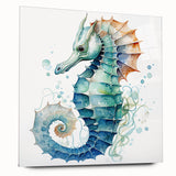 Seahorse-themed wall art design featuring vibrant marine life colors, displayed in a sleek acrylic frame, ideal for ocean-inspired home decor.