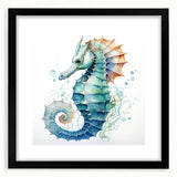 Framed wall art showcasing a detailed marine life seahorse design, featuring a black frame and matting, ideal for ocean-themed decor in modern interiors.