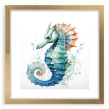 Seahorse wall art collection frame featuring an intricate marine life design with gold accents, perfect for coastal home decor, adding elegance to any room.