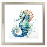 Framed marine life wall art featuring a detailed seahorse design in silver, elegantly matted and perfect for coastal home decor, enhancing ocean-inspired aesthetics.