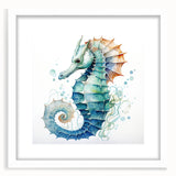 Seahorse-themed wall art collection framed in a sleek white mat, showcasing vibrant marine life design, perfect for ocean-inspired decor.