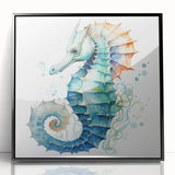 Framed acrylic wall art featuring a vibrant marine life seahorse design, showcasing intricate details and rich colors, perfect for ocean-themed decor.