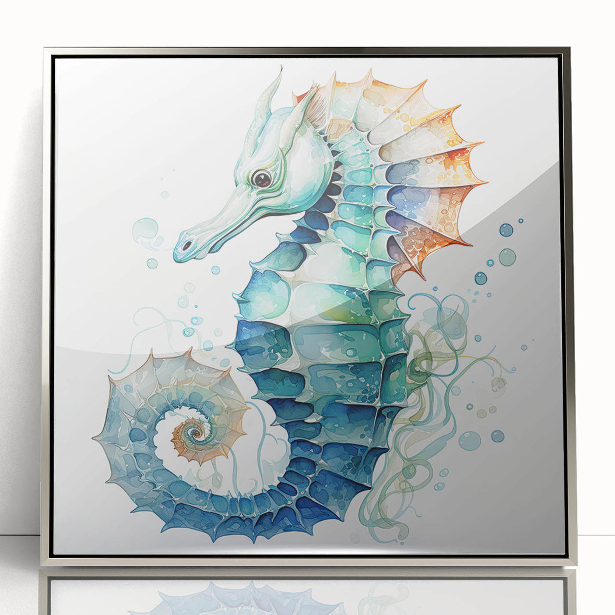 Framed wall art showcasing a detailed marine life seahorse design, featuring vibrant colors and a sleek acrylic finish, ideal for coastal home decor.