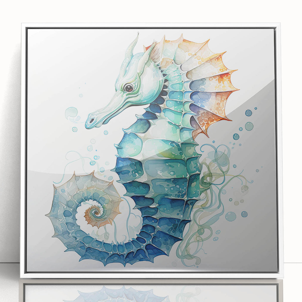 Framed wall art featuring a vibrant marine life design with a seahorse, showcasing intricate details and bright colors against a white background, perfect for ocean-themed decor.