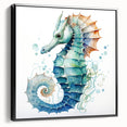 Framed canvas wall art showcasing a vibrant seahorse design in a marine life theme, featuring intricate details and a black frame, ideal for ocean-themed decor.
