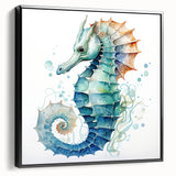 Framed canvas wall art showcasing a vibrant seahorse design in a marine life theme, featuring intricate details and a black frame, ideal for ocean-themed decor.