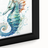 Close-up of a framed canvas wall art featuring a vibrant seahorse design, showcasing intricate details and vivid colors, perfect for marine life enthusiasts.