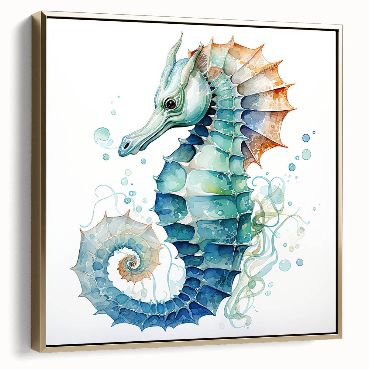 Framed wall art showcasing a detailed gold seahorse design on a textured canvas, set against a light background, perfect for marine-themed decor collections.