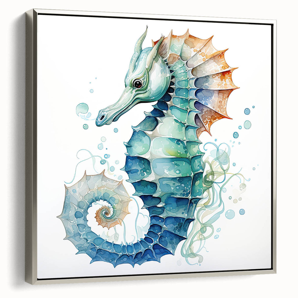 Framed wall art featuring a detailed marine life design of a vibrant seahorse, elegantly displayed with a silver frame, perfect for ocean-themed decor.