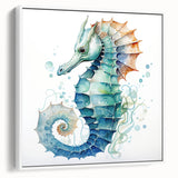 Framed canvas wall art showcasing a detailed seahorse design, featuring vibrant colors on a white background, perfect for marine life enthusiasts and coastal decor.
