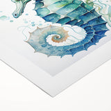 Colorful seahorse wall art design on rolled canvas, showcasing intricate marine life details and vibrant hues, perfect for ocean-themed decor.