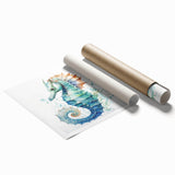 Colorful marine life seahorse design wall art print showcasing intricate details and vibrant hues, ideal for ocean-themed decor. Perfect as a rolled canvas for easy framing.