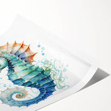 Seahorse-themed wall art print showcasing vibrant marine life colors on textured paper, elegantly rolled for easy display and preservation in a protective tube.