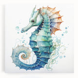 Stretched canvas artwork featuring a vibrant seahorse design in shades of blue and orange, perfect for marine life enthusiasts and coastal decor lovers.