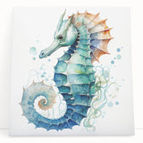 Colorful marine life wall art featuring a detailed seahorse design on stretched canvas, perfect for adding a vibrant ocean theme to home decor.