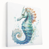 Stretched canvas wall art showcasing a detailed seahorse design in vibrant colors, perfect for marine life enthusiasts. Ideal for coastal-themed decor.